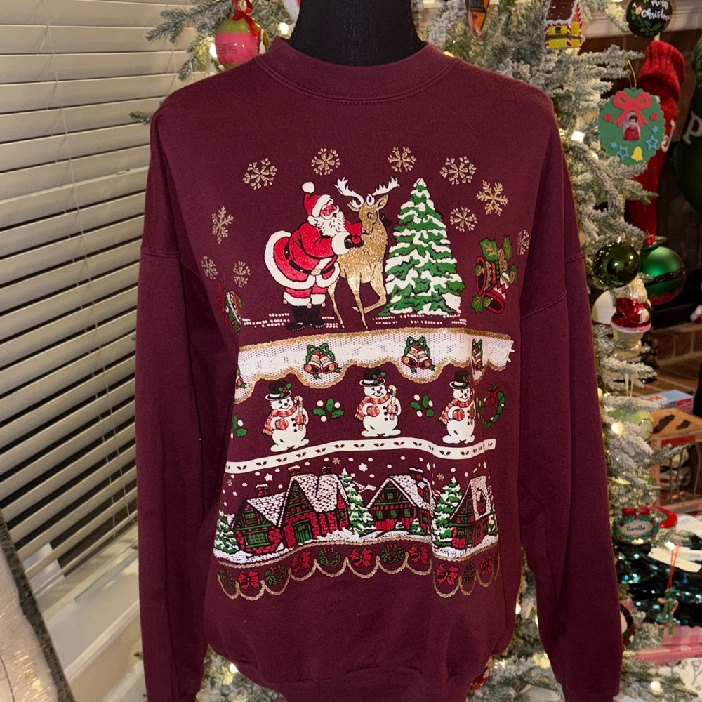 Vintage 90's Christmas Sweatshirt- XLarge Glitter Santa Reindeer